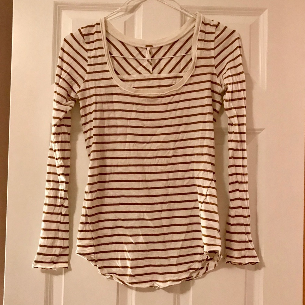 Free People cream & brown long sleeve top